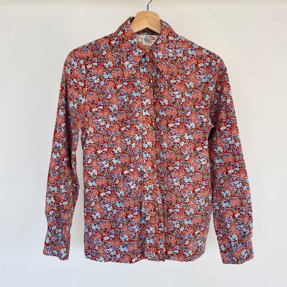Vintage 70s Land N Sea Floral Button Up Collared Shirt Cotton Sz 34 S/M Retro - Picture 1 of 13